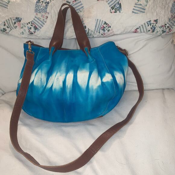 NEW LARGE SOFT TIE DYE LEATHER SHOULDER CROSSBODY BAG TOTE TURQUOISE - Picture 1 of 8